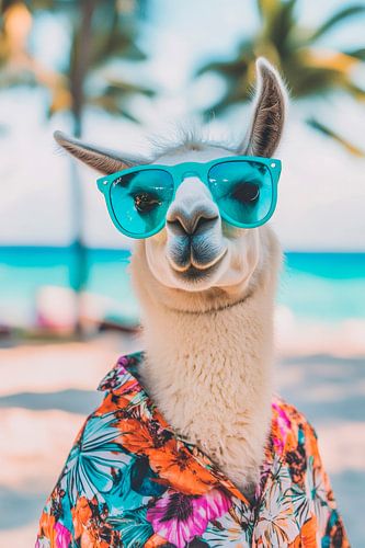 Lama mit Sonnenbrille am Strand