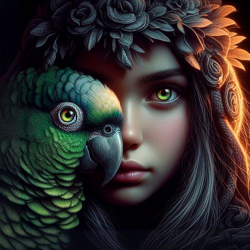 Meisje met groene papegaai...