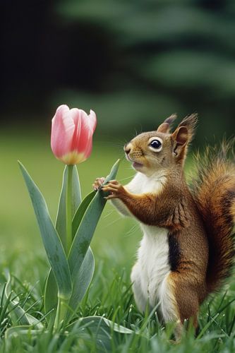 Eekhoorn omhelst roze tulp in lentebos