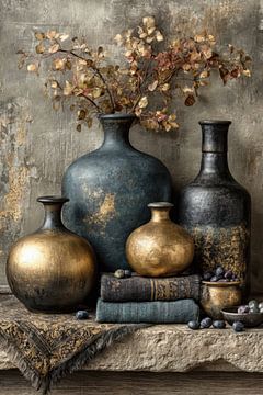 Modernes dunkles Stilleben mit Keramik - Luxuriöse Wanddekoration von Joriali Fine Art