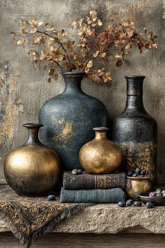 Modern Donker Stilleven met Keramiek - Luxe Wanddecoratie