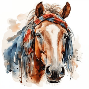 Porträt eines Pferdes, Aquarell-Kunstdesign und buntes Kopftuch