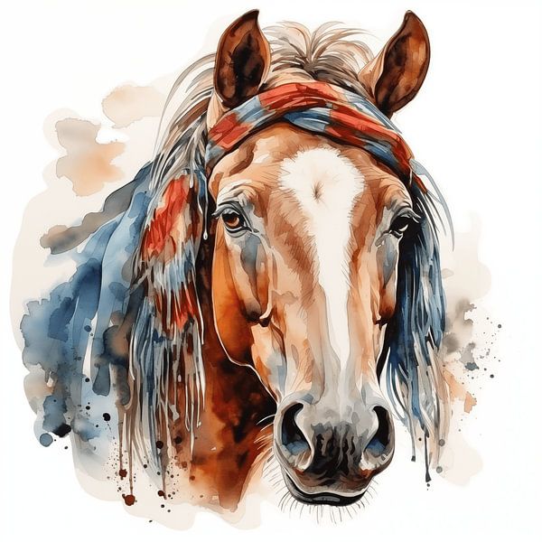 Porträt eines Pferdes, Aquarell-Kunstdesign und buntes Kopftuch von Animaflora PicsStock