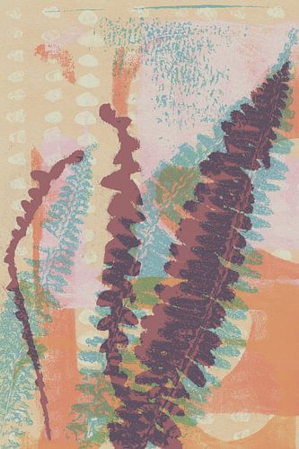 Fougères violettes et bleues sur beige, rose, terre cuite.  Art botanique.