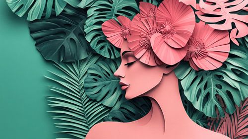 Vrouw tussen palmbaderen in papier