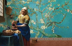 Milchmädchen von Vermeer mit Mandelblütentapete van Gogh