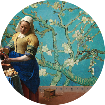 Melkmeisje van Vermeer met Amandel bloesem behang van Gogh van Lia Morcus