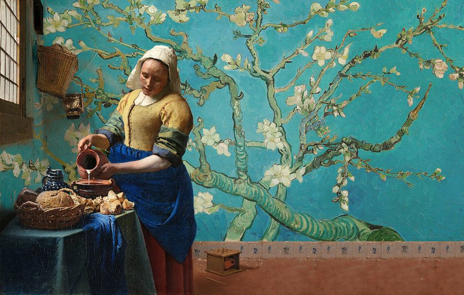 Milkmaid by Vermeer with Almond blossom wallpaper by Gogh by Lia Morcus ...