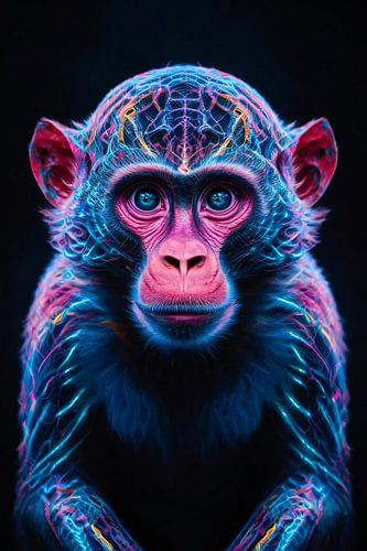 Futuristisch neonportret van een kleurrijke aap