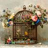 Romantisches Gemälde: Kleiner Vogel in antikem Käfig mit Blumen von Studio Pieternel