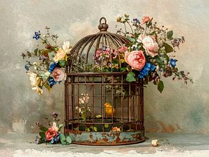 Romantisches Gemälde: Kleiner Vogel in antikem Käfig mit Blumen