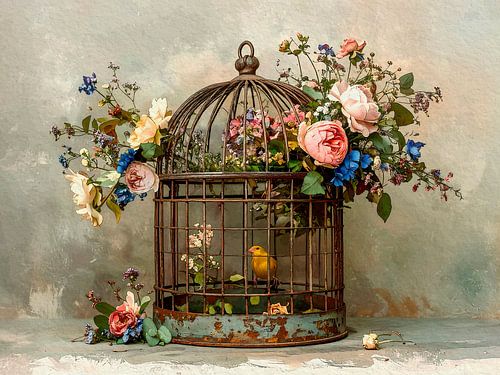 Tableau romantique : petit oiseau dans une cage antique avec des fleurs