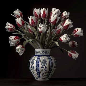 Rood witte tulpen in een Delftsblauwe vaas van Rene Ladenius Digital Art
