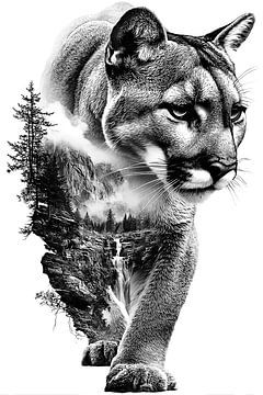 Couguar des montagnes avec cascade, dessin vintage