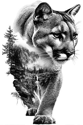 Bergpoema met waterval Vintage lijntekening