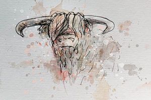 Aquarell schottischer Highlander - Tuschestift Aquarell und digitales Kunstwerk