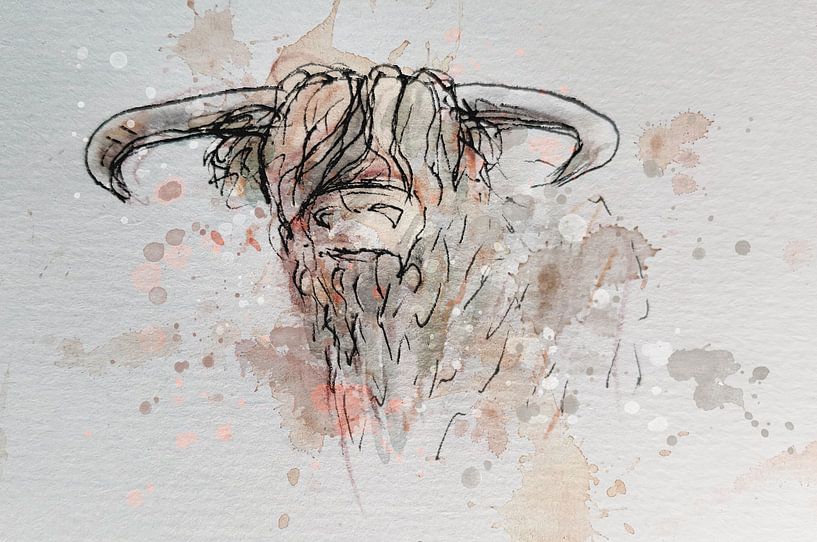 Aquarel schotse hooglander - inkt pen waterverf en digitaal artwork van Emiel de Lange