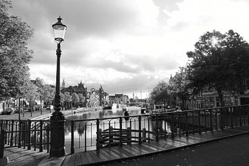 Haarlem, view of the river het Spaarne from a bridge with a streetlight