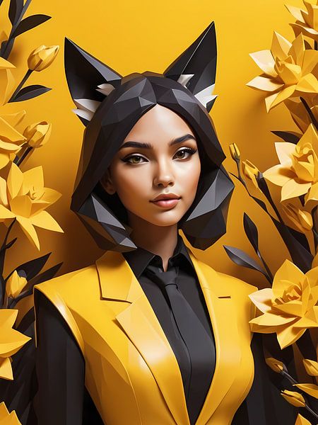 Low poly floral fox girl, black and yellow by 1xMerch