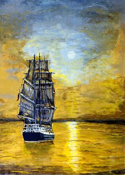 Zeilschip. Zonsondergang op zee. van Pieter Johannes Schenk