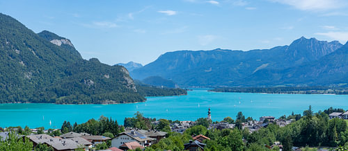 Panoramic view of Lake Mondsee in the Salzkammergut Mountains, Austria