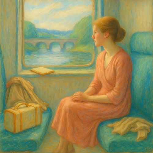 Am Fenster. Frau im Zug schaut hinaus. Ein Moment des Reisens, der Ruhe und der inneren Einkehr