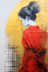 Geisha in Rot vor einem goldenen Hintergrund von Carla Van Iersel