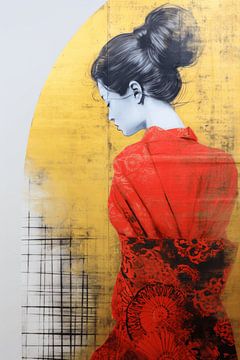 Geisha in rood tegen een gouden achtergrond van Carla Van Iersel
