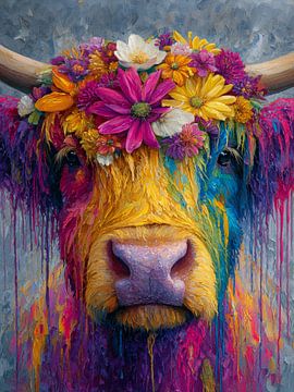 Bloemenkracht – Kleurrijk Portret van een Schotse Hooglander van But First Framing