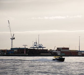 Met de watertaxi door de Waalhaven in de schemering van scheepskijkerhavenfotografie