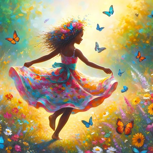 La jeune fille danse avec des fleurs et des papillons sur Tatjana Korneeva