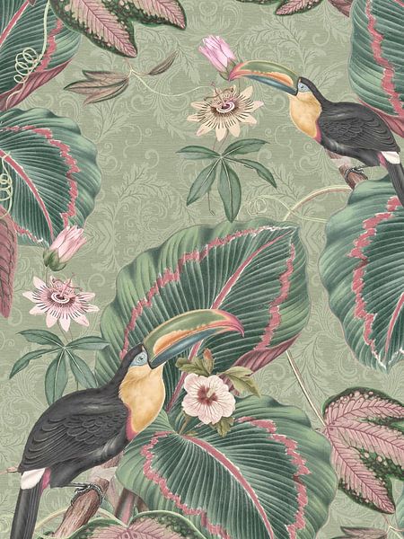 Toucan birds and passiflora flowers in tropical garden by Bloomery Decor