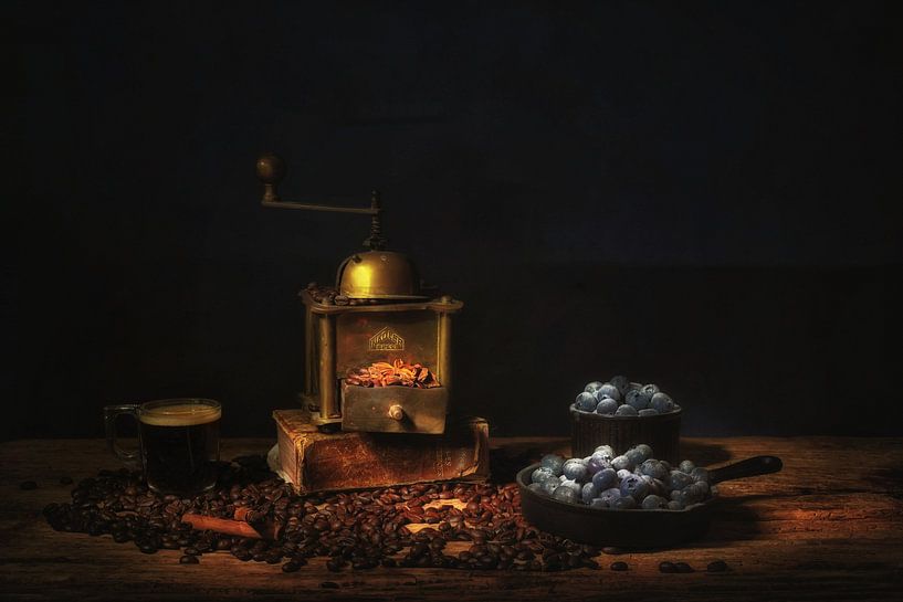 Still life with coffee and blueberries. by Saskia Dingemans Awarded Photographer