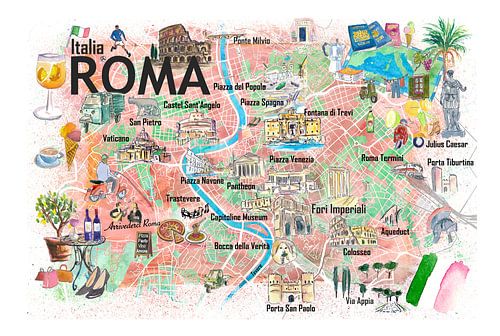 Illustrierte Karte von Rom – Reiseerinnerung aus Italien als Druck, Wandbild mit Sehenswürdigkeiten von Rom als Geschenk
