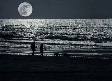 Avec une pleine lune au bord de la mer
