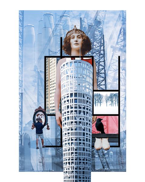 Collage femme habillée dans un immeuble de bureaux par Marianne van der Zee