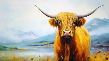 Aquarel portret Schotse Hooglander in ruig landschap van Vlindertuin Art
