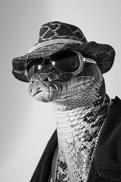 Stijlvolle slang met hoed en zonnebril, monochroom van Poster Art Shop