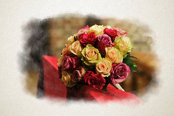 Elegant boeket van gemengde rozen op een versierde kerkbank in aquarel