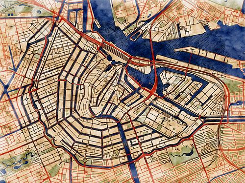 Kaart van Amsterdam centrum in de stijl 'Serene Summer'