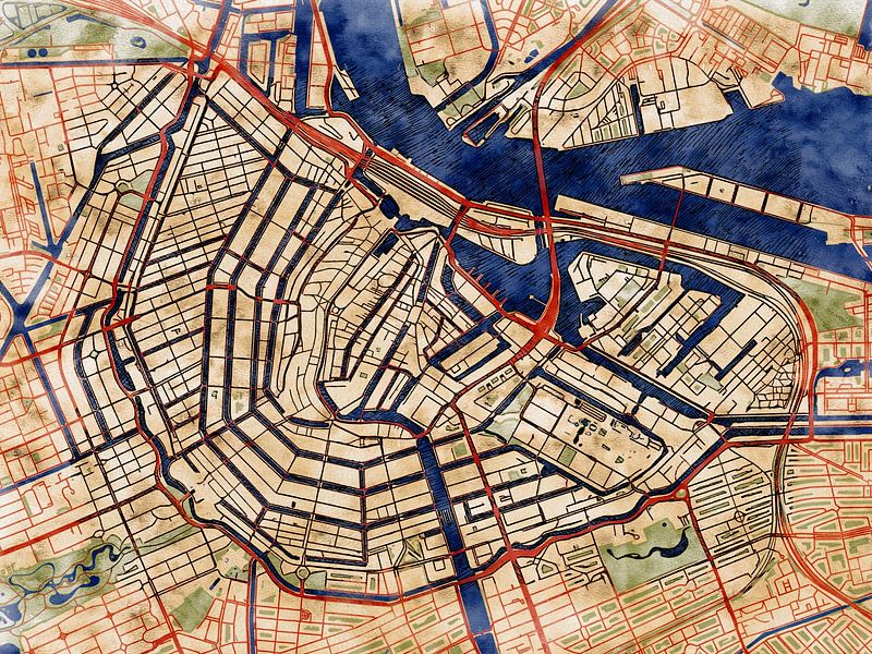Map of Amsterdam centrum with the style 'Serene Summer' by Maporia