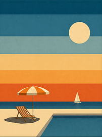 Illustration minimaliste d'une plage avec piscine, transat et parasol sur DesignDoodle