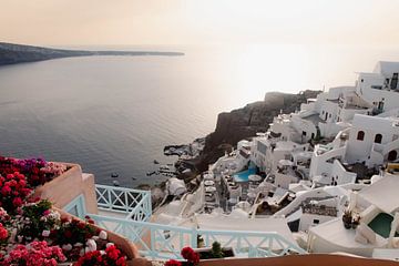 View over Oia during sunset | travel photography print | Santorini Greece by Kimberley Jekel
