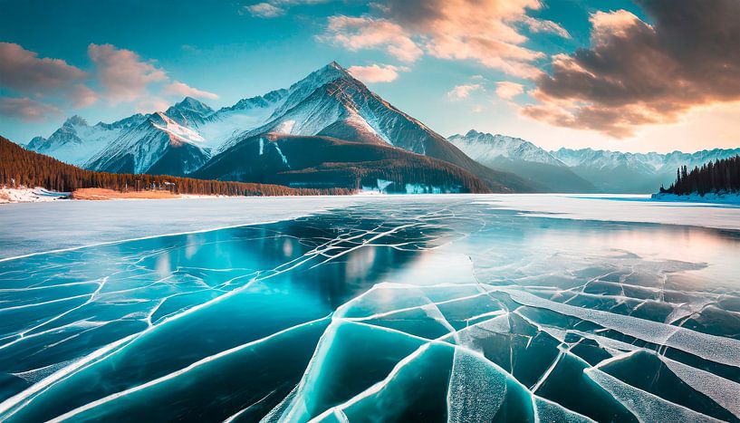 Ice lake with cracks and mountains by Mustafa Kurnaz