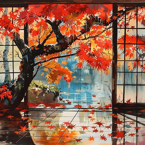 City autumn balcony maple leaves romance nostalgia
