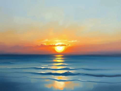 Golden Sun Descends Over Tranquil Ocean Waves