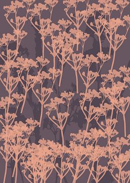Abstract botanical art. Flowers in coral on taupe by Dina Dankers