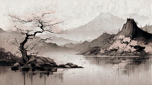 Japanische Zen-Landschaft mit dem Berg Fuji und blühenden Bäumen