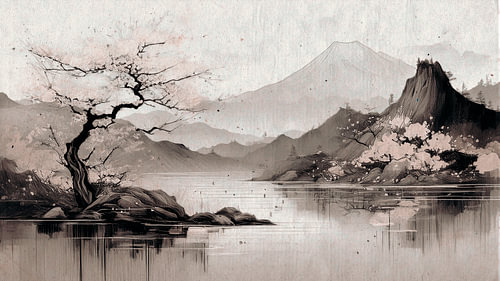 Japanese Zen Landscape with Mount Fuji and Blossoming Trees