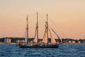 Segelschiff im Sonnenuntergang auf der Hanse Sail in Rostock.